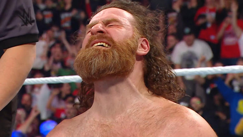 Sami Zayn grimaces in victory at WWE Saturday Night's Main Event