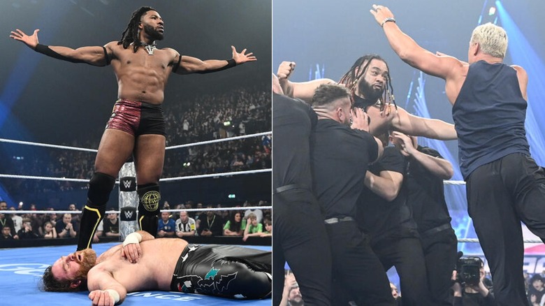 Trick Williams poses above Sami Zayn & Cody Rhodes attacks Jacob Fatu on "WWE SmackDown"