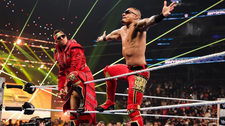 The Miz and Carmelo Hayes pose on the ropes before a match on "WWE SmackDown,"