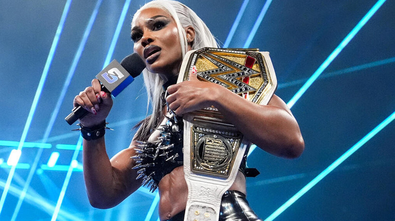 Jade Cargill talking on the microphone on "WWE SmackDown"