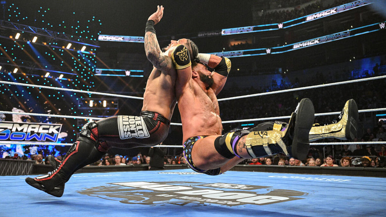 Carmelo Hayes grapples with Matt Cardona on "WWE SmackDown"