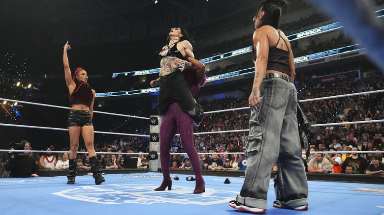 B-Fab and Michin flank Jade Cargill as she hits Jaded on Rhea Ripley on "WWE SmackDown"