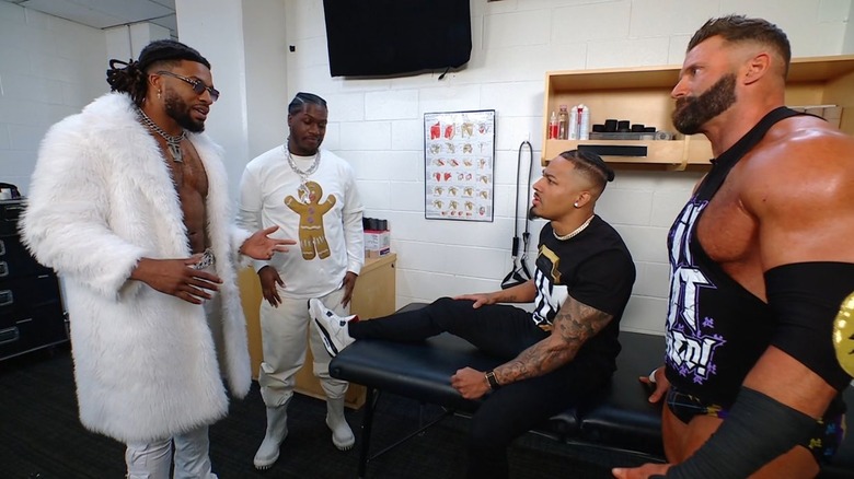 Carmelo Hayes backstage with Trick Williams, Lil Yachty, and Matt Cardona on "WWE SmackDown"