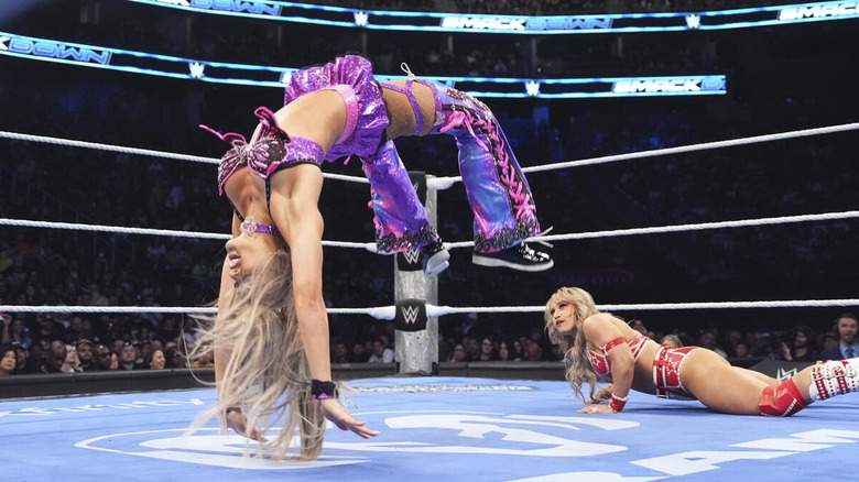 Tiffany Stratton backflips away from Jordynne Grace on "WWE SmackDown"