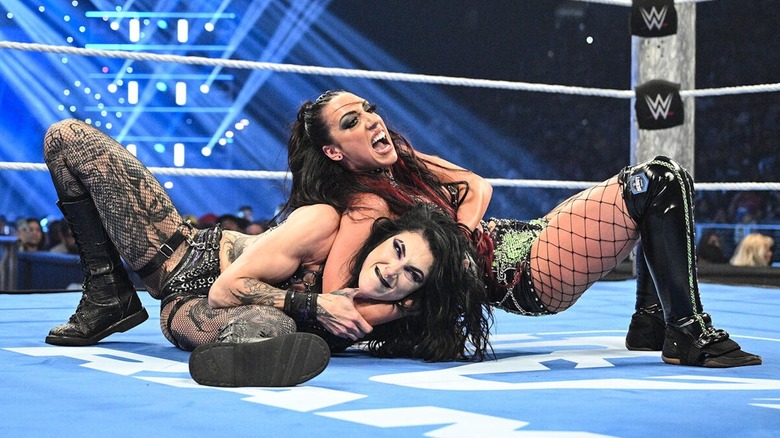 Jacy Jayne gets Rhea Ripley in a side headlock on "WWE SmackDown"