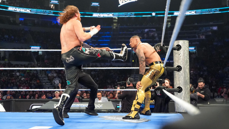 Sami Zayn hits the Helluva Kick on Carmelo Hayes on "WWE SmackDown"