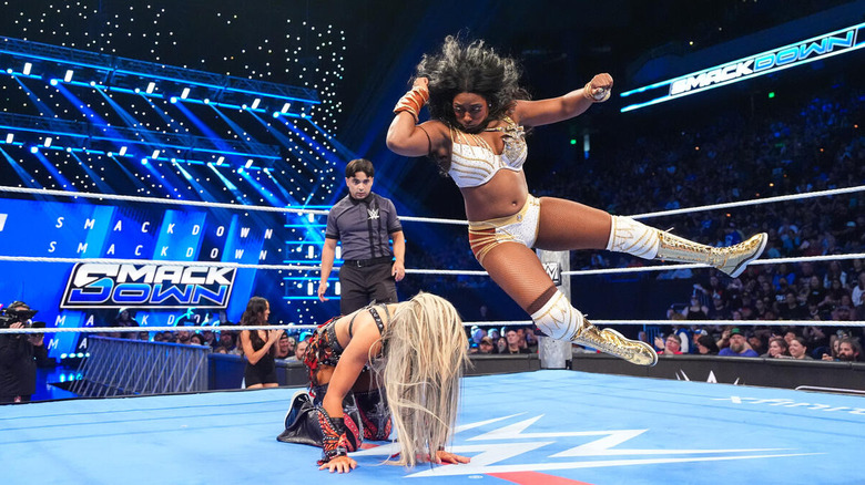 Lash Legend drops an elbow on Tiffany Stratton on "WWE SmackDown"