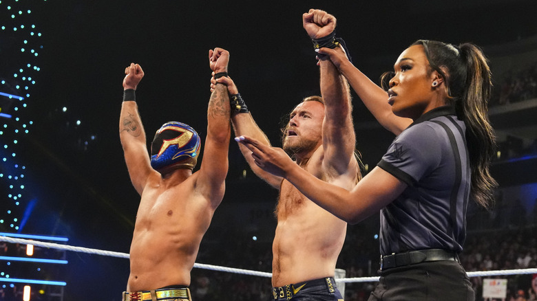 Nathan Frazer and Axiom in ring portrait during Friday night Smackdown at Wells Fargo Arena on May 2, 2025 in Des Moines, Iowa