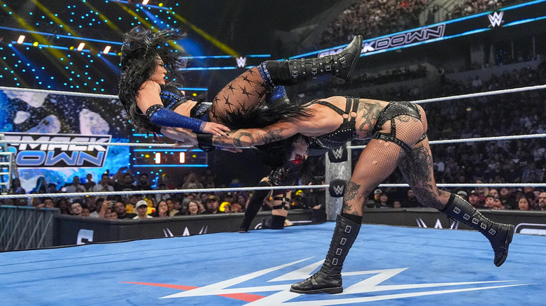Rhea Ripley delivers a powerbomb to Roxanne Perez on "WWE SmackDown"
