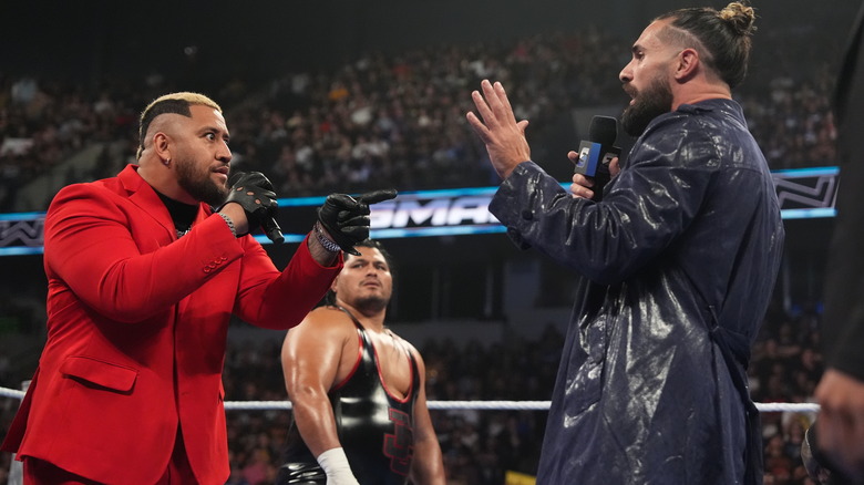 Solo Sikoa and Seth Rollins exchange words during "WWE SmackDown"