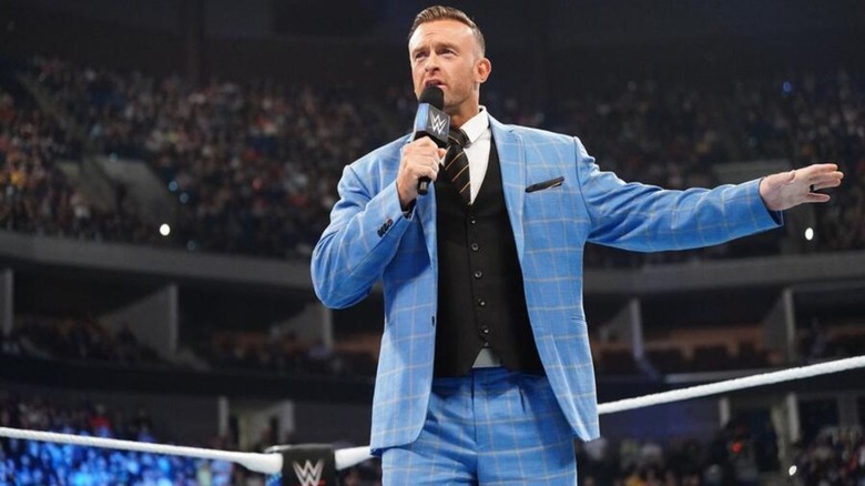 "WWE SmackDown" General Manager Nick Aldis cuts a promo in the ring during an episode of the blue brand.