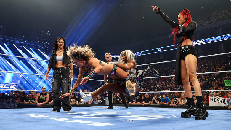 Jade Cargill drops Charlotte Flair with Jaded as Michin and B-Fab look on on "WWE SmackDown"