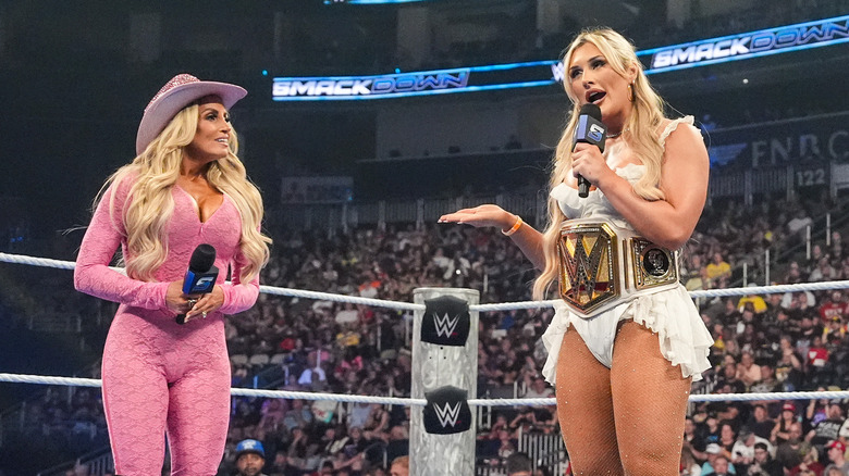 Trish Stratus, Tiffany Stratton and Jade Cargill speak during SmackDown at PPG PAINTS Arena on July 4, 2025 in Pittsburgh, Pennsylvania.