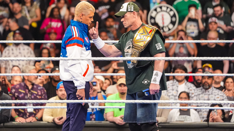 John Cena holds a finger up to Cody Rhodes in the ring on "WWE SmackDown"