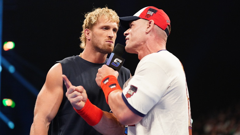 Logan Paul and John Cena face off during promo at SmackDown at LDLC Arena on August 29, 2025 in Lyon, France.