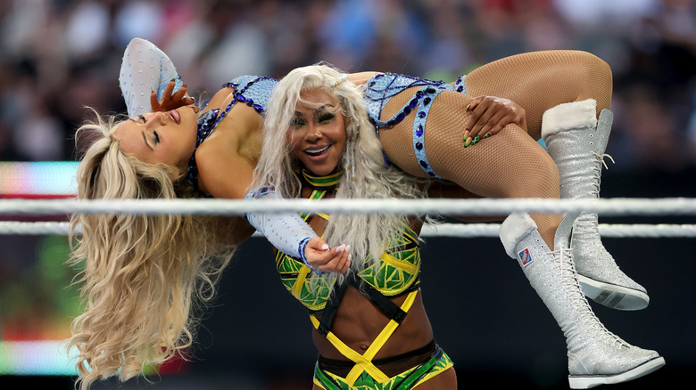 Jade Cargill and Tiffany Stratton battle during the WWE 2025 SummerSlam at MetLife Stadium on August 02, 2025 in East Rutherford, New Jersey.