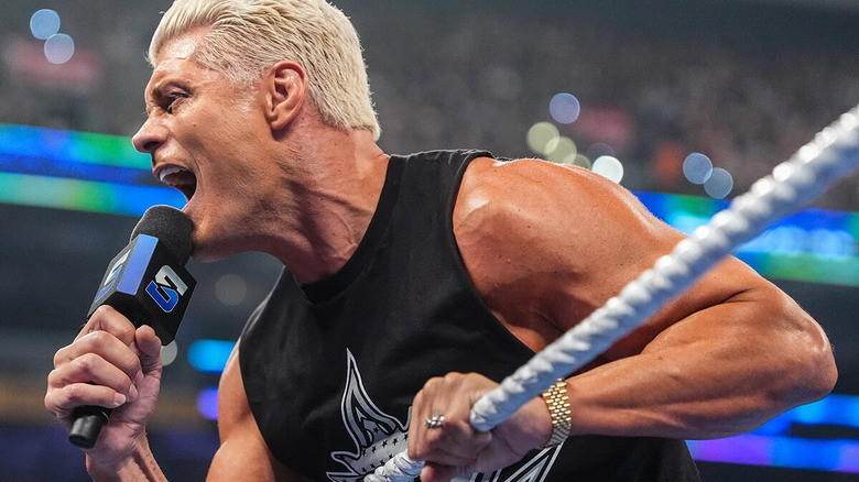 Cody Rhodes yells into a microphone on "WWE SmackDown"