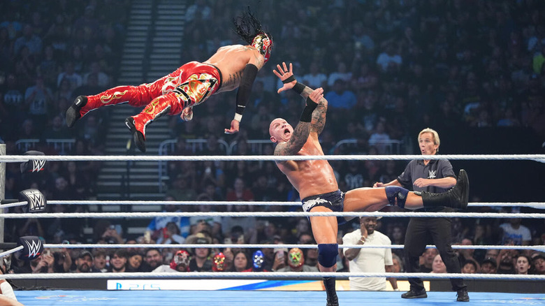Randy Orton prepares to RKO Rey Fenix out of the air on "WWE SmackDown"