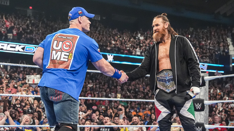 John Cena agrees to a match with Sami Zayn for the WWE United States Championship title during SmackDown at Allstate Arena on September 5, 2025 in Rosemont, Illinois.
