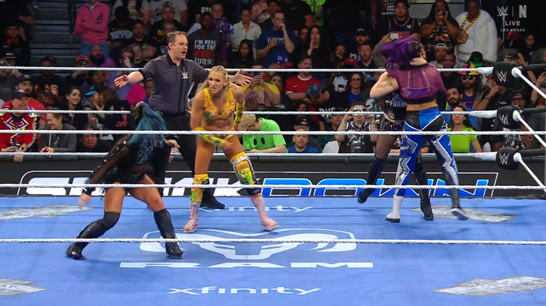 All four women brawling in the ring