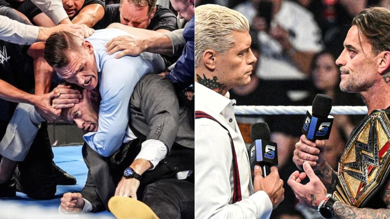 [Left] Gunther chokes out Nick Aldis [Right] Cody Rhodes confronts CM Punk