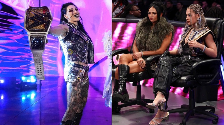 [Left] Rhea Ripley enters as WWE Women's Champion and [Right] Giulia and Kiana James watch on