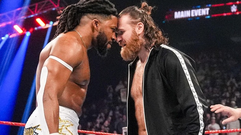 Trick Williams and Sami Zayn go nose-to-nose and stare each other down in the middle of the ring during their four-way match at Saturday Night's Main Event.
