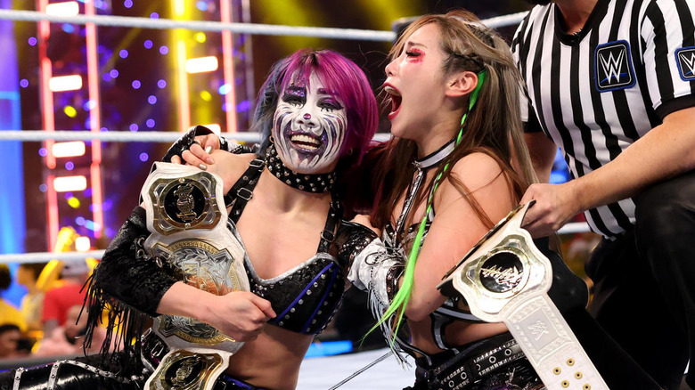 The Kabuki Warriors (Asuka and Kairi Sane) after winning the WWE Women's Tag Team Championship