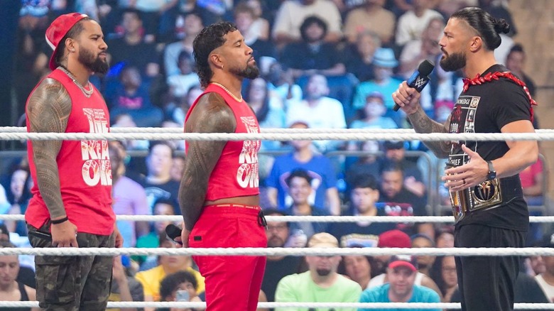 The Usos and Roman Reigns in "Tribal Court" on the July 7 "SmackDown"