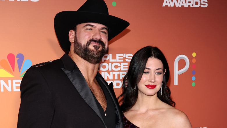 Drew McIntyre and Kaitlyn Frohnapfel attend the 2023 People's Choice Country Awards at The Grand Ole Opry on September 28, 2023 in Nashville, Tennessee.