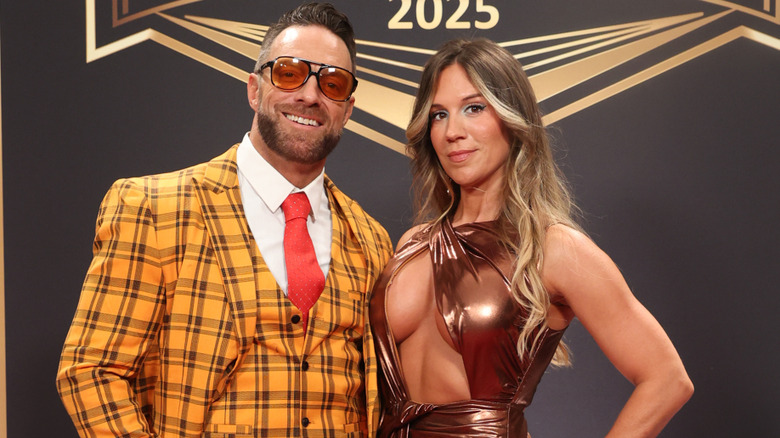 LA Knight and Guest on the Red Carpet of the 2025 Hall of Fame at BleauLive Theater at Fontainebleau Las Vegas on April 18, 2025 in Las Vegas, Nevada.
