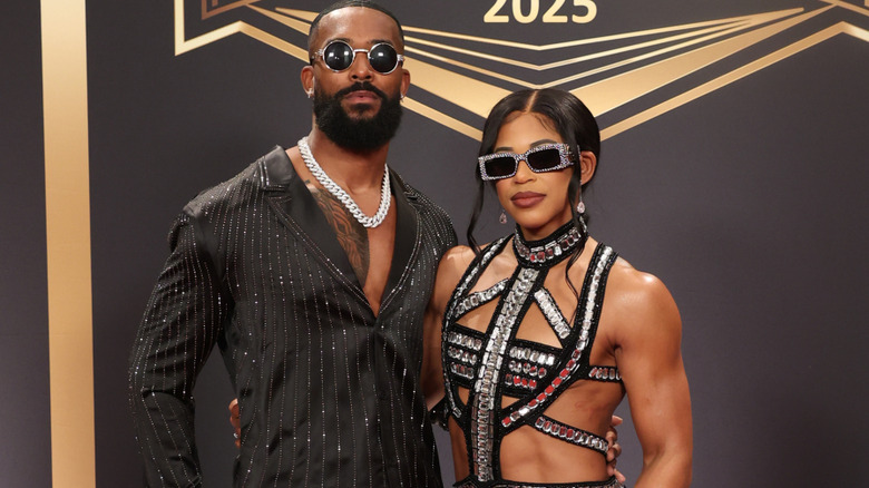 Montez Ford and Bianca Belair on the Red Carpet of the 2025 Hall of Fame at BleauLive Theater at Fontainebleau Las Vegas on April 18, 2025 in Las Vegas, Nevada.