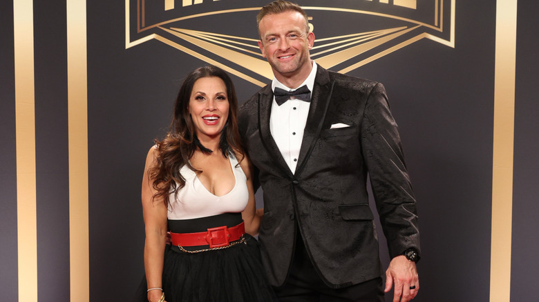Mickie James and Nick Aldis on the Red Carpet of the 2025 Hall of Fame at BleauLive Theater at Fontainebleau Las Vegas on April 18, 2025 in Las Vegas, Nevada.