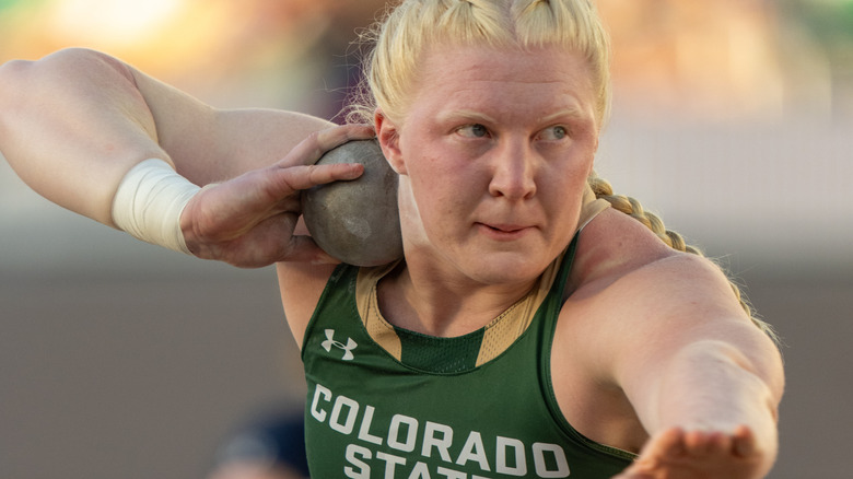 Mya Lesnar of Colorado State competes in the first round of the Womens Shot Put at Hayward Field
