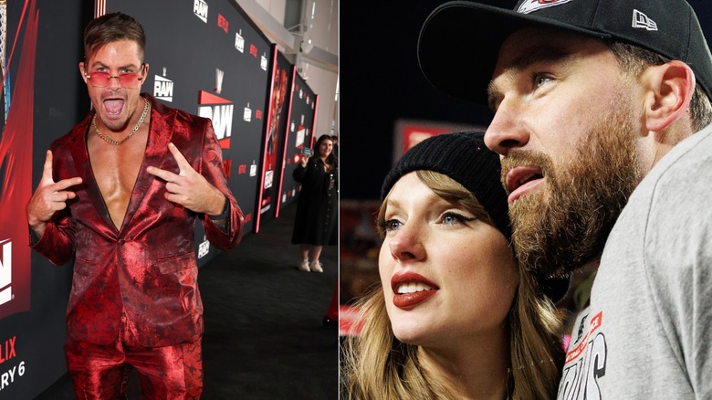 (Left): Grayson Waller poses on at the premiere of "WWE Raw" on Netflix. (Right): Taylor Swift & Travis Kelce pose together after Kelce's team won the 2024 NFL Super Bowl