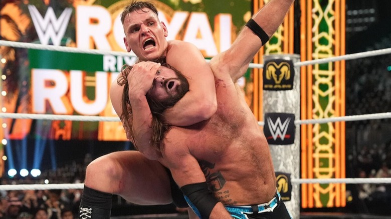 GUNTHER puts AJ Styles in a sleeper hold in the middle of their during their match at the 2026 Royal Rumble.