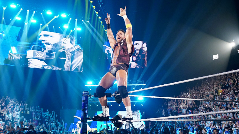  LA Knight makes his entrance in the ring during SmackDown at LDLC Arena on May 3, 2024 in Lyon, France.