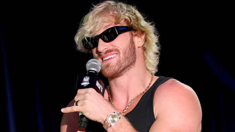 Logan Paul speaking onstage during the Fanatics Flag Football Classic Draft, at Waldorf Astoria Beverly Hills, March 2026.