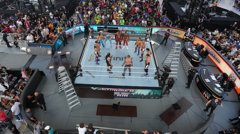 The Wyatt Sicks (Dexter Lumis and Joe Gacy) (c) vs. #DIY (Johnny Gargano and Tommaso Ciampa) vs. The Street Profits (Montez Ford and Angelo Dawkins) vs. Motor City Machine Guns (Alex Shelley and Chris Sabin) vs. Fraxiom (Nathan Frazer and Axiom) vs. Andrade and Rey Fenix face off during SummerSlam at MetLife Stadium on August 3, 2025 in East Rutherford, New Jersey.