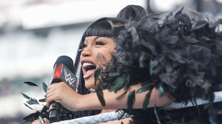 Cardi B speaks during SummerSlam at MetLife Stadium on August 2, 2025 in East Rutherford, New Jersey.