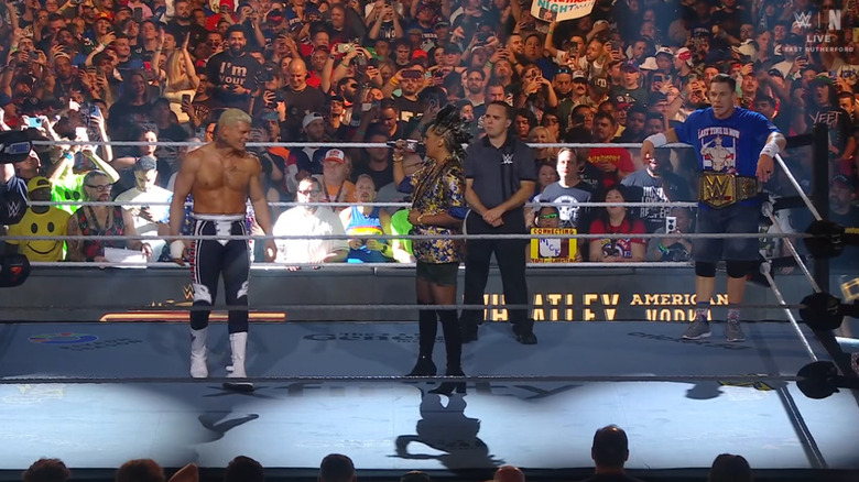 Rhodes and Cena in the ring during the ring announcements