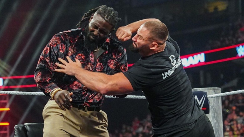 Bron Breakker punches Oba Femi in the side of the head following their contract signing segment on an August 2026 edition of "WWE Raw."