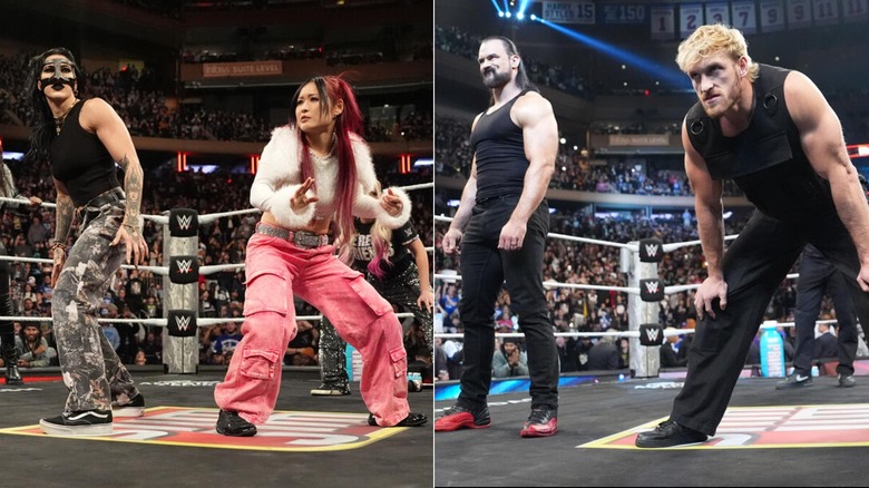 Rhea Ripley with IYO SKY & Drew McIntyre with Logan Paul