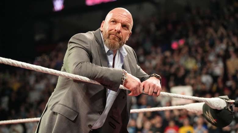  Triple H makes an appearance during Monday Night RAW at the Bell Centre on April 15, 2024 in Montreal, Canada.