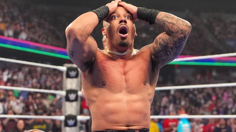 Carmelo Hayes reacting to his US title win on WWE SmackDown