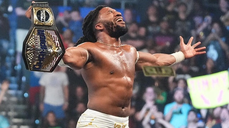 Trick Williams celebrates a successful title defense of the WWE United States Championship at Backlash
