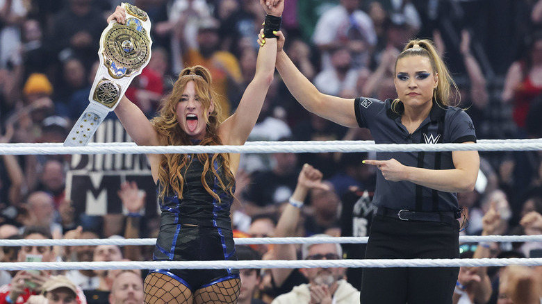 Becky Lynch celebrating her title win at WrestleMania 42