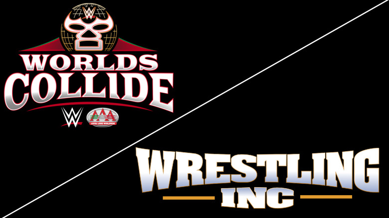 The WWE Worlds Collide logo above a diagonal white line, with the Wrestling inc. logo beneath it