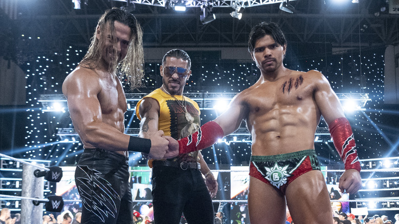 Legado Del Fantasma (Angel, Santos Escobar, and Berto) during SmackDown on May 9th, 2025 at the Wright State University Nutter Center in Dayton, Ohio.