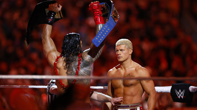 Roman Reigns staring down Cody Rhodes